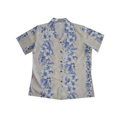 Ladies Cream Hawaiian Cotton Poplin Shirt w/Button Front & Short Sleeves